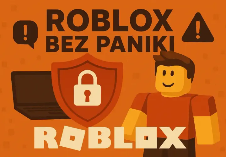 Roblox bez paniki! Dowiedz się, co to za gra, dzięki tej grafice z symbolem bezpieczeństwa i postacią z Roblox.