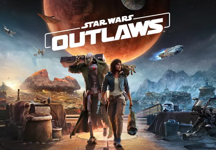 Postapokaliptyczny krajobraz z dwójką bohaterów i logo gry Star Wars Outlaws.
