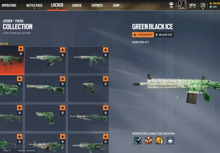 Zielony skin "black ice" na karabin 417. Kolekcja broni z gry, gdzie każdy element wygląda jak zamrożony.