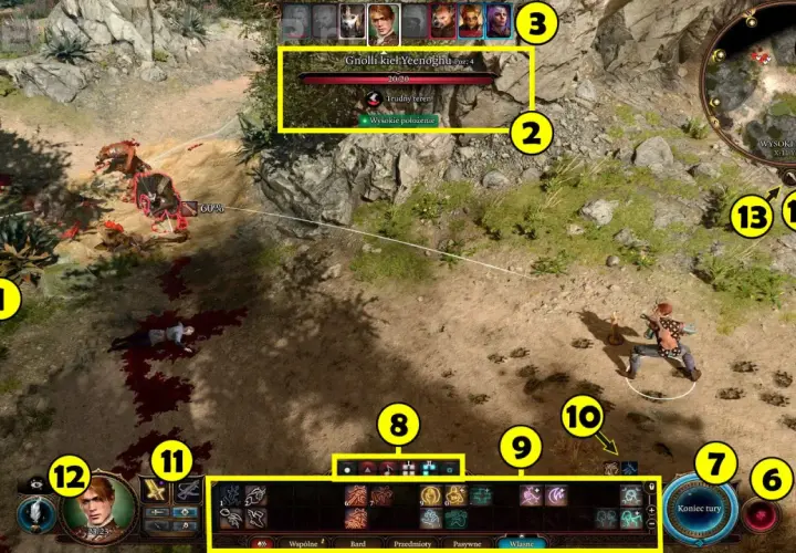 W grze Baldur's Gate 3 trwa walka. Postacie walczą z gnollami na trudnym terenie.