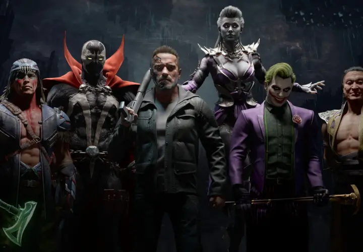 Mortal Kombat 11 postacie: Spawn, Terminator, Joker, Sindel, Nightwolf i Shang Tsung gotowi do walki.