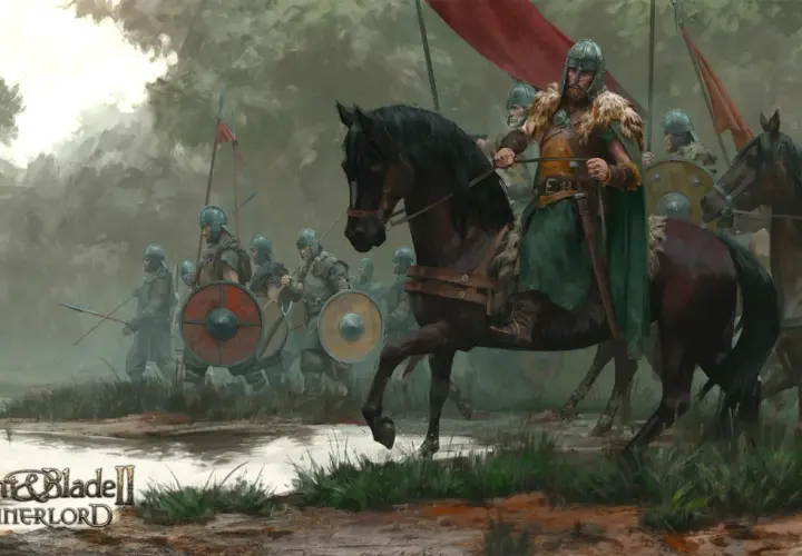 Wojownicy w zbrojach i hełmach, prowadzeni przez jeźdźca na koniu, maszerują przez błotnisty teren. To scena z gry Mount & Blade II: Bannerlord.