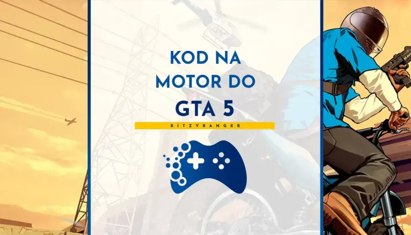 Kod na motor do GTA 5. Postać w kasku jedzie na motocyklu, trzymając broń. W tle helikopter i samolot.
