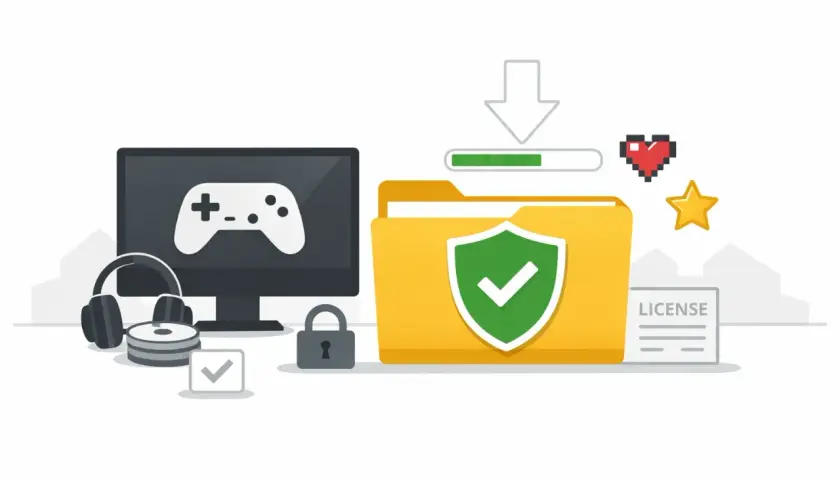 Komputer z padem, słuchawki, dyski, kłódka i folder z licencją symbolizują bezpieczne pobieranie gry na PC za darmo.