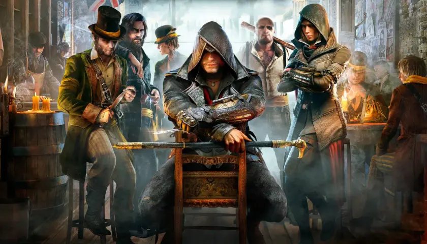 Postacie z Assassin's Creed Syndicate w wiktoriańskim pubie.