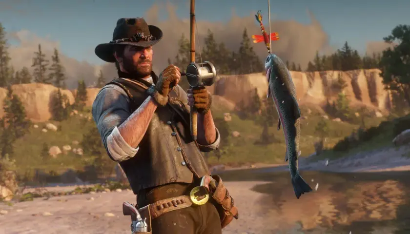Arthur Morgan z Red Dead Redemption 2 PC cieszy się udanym połowem tęczowej ryby.