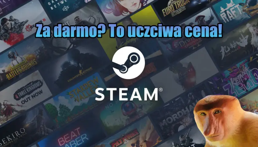 Darmowe gry na Steam to świetna okazja! Tło pełne okładek gier i logo Steam.