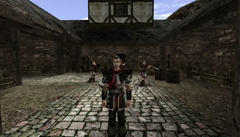 Bohater w zbroi w grze Gothic 2, gotowy do walki. Może przydać się do wpisania **gothic 2 kody** i ułatwienia sobie rozgrywki.