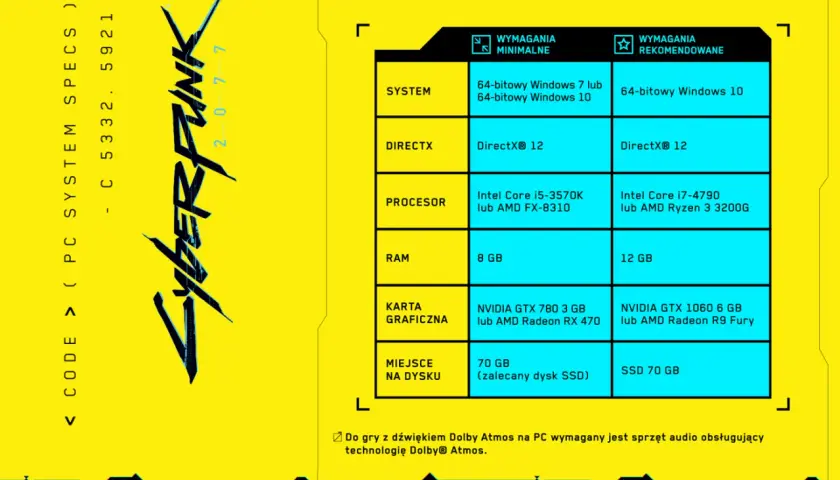 Tabela z wymaganiami minimalnymi i rekomendowanymi dla gry Cyberpunk 2077. Sprawdź, czy Twój komputer spełnia cyberpunk wymagania.