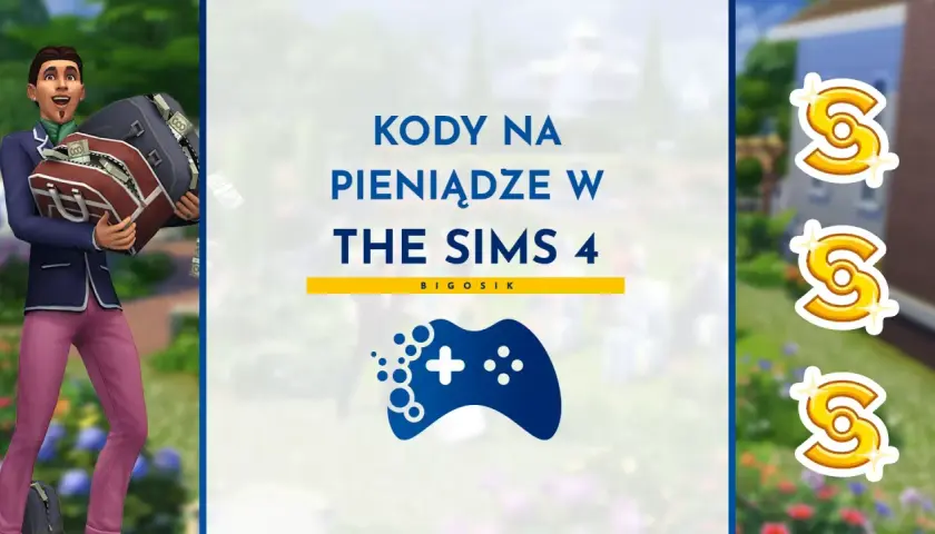 Szczęśliwy Sim z torbami pełnymi pieniędzy. Grafika informuje o kodach na kasę w The Sims 4.