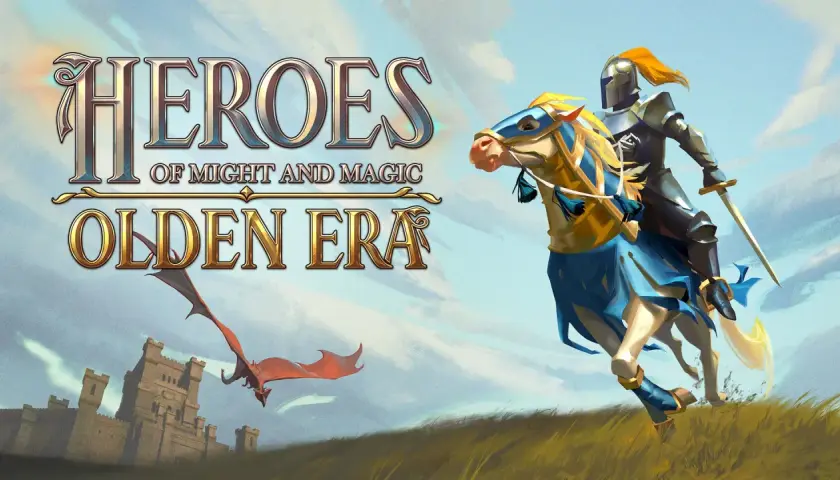 Rycerz na koniu, smok i zamek. Tytuł "Heroes of Might and Magic Olden Era" zapowiada epickie przygody bohaterów starej ery.