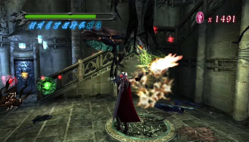 Dante z Devil May Cry 1 walczy z potworem w mrocznym zamku, używając magicznych mocy.