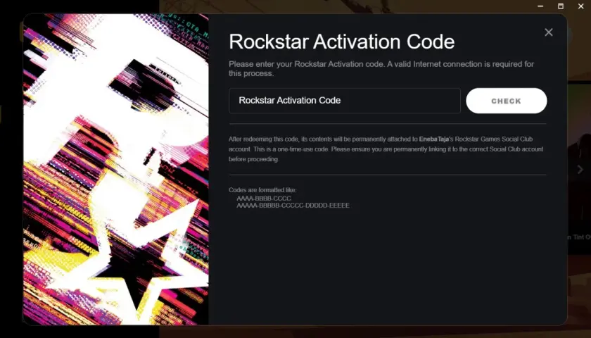 Okno aktywacji Rockstar. Wpisz swój kod aktywacyjny Rockstar, aby uzyskać dostęp do gry.