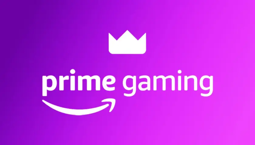 Logo Prime Gaming z koroną i strzałką Amazon na fioletowym tle.