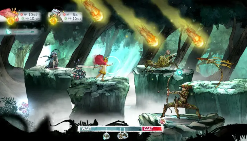 Postacie w tym jrpg walczą z potworami w lesie, spadają meteoryty.