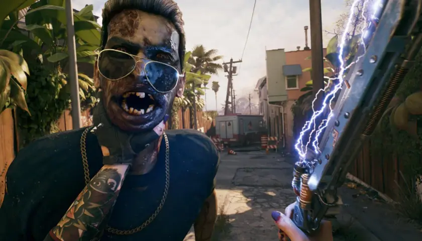 Zombi w okularach przeciwsłonecznych i z łańcuchem na szyi, trzymający broń zasilaną elektrycznością. Czy to zapowiedź Dead Island 2 crossplay?