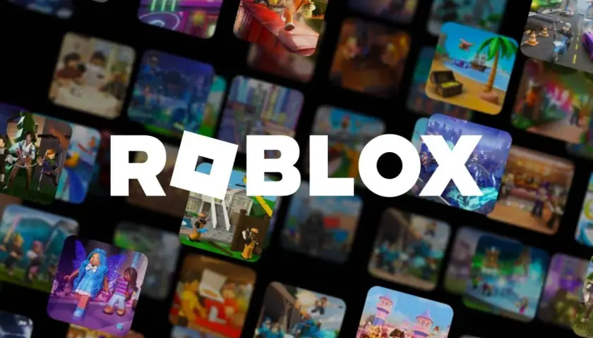 Logo Roblox otoczone miniaturkami z różnorodnymi, fajne gry na roblox.