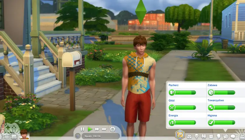 Młody Sim w kolorowej koszulce i czerwonych spodenkach stoi przed domem. Wskaźniki potrzeb pokazują, że jest głodny i potrzebuje zabawy. To kod na potrzeby The Sims 4.