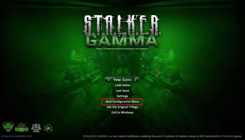 Menu gry S.T.A.L.K.E.R. GAMMA, modpacku dla Anomaly. Opcja "Mod Configuration Menu" pozwala dostosować stalker anomaly.