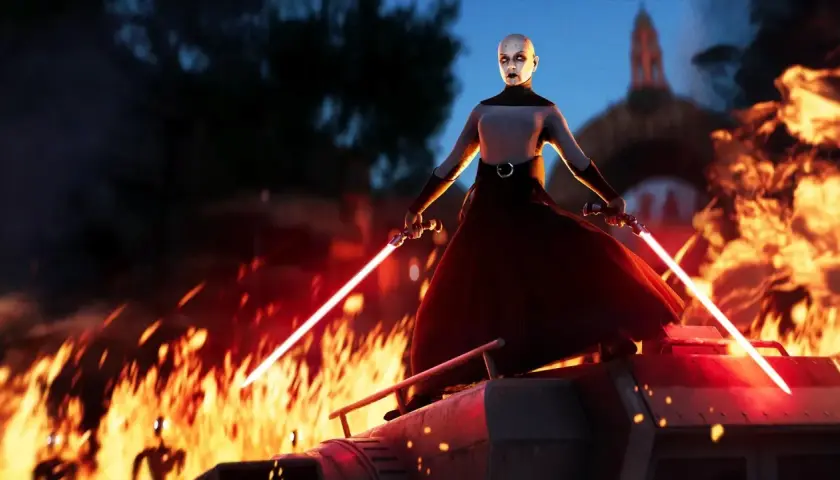 Siostra Nocy z podwójnym mieczem świetlnym na tle płomieni, jakby z gry Star Wars Battlefront 3.