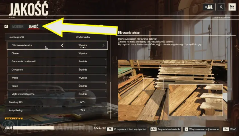 Ustawienia jakości w Far Cry 6: filtrowanie tekstur na "Wysoka". Sprawdź, czy Twój sprzęt spełnia wymagania gry.
