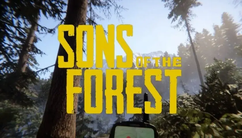 Napis "Sons of the Forest" na tle lasu i gór. Sprawdź, czy Twój sprzęt spełnia wymagania gry.