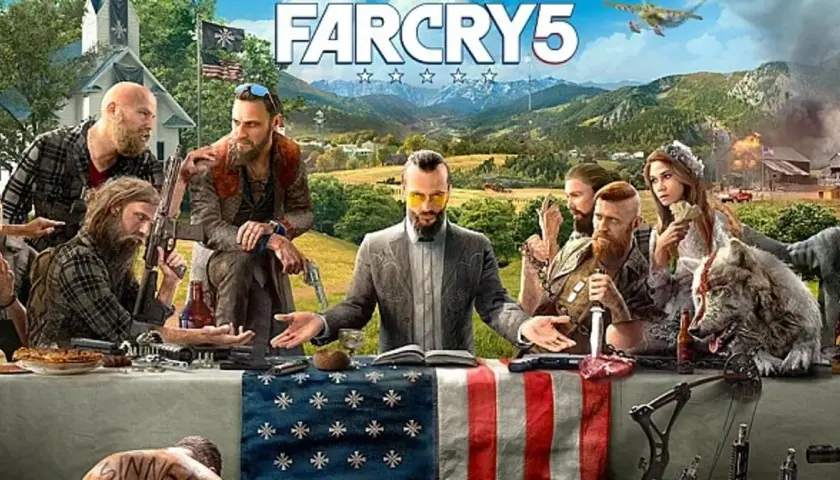 Rodzina Seedów przy stole, z psem i bronią. Sprawdź far cry 5 wymagania, by dołączyć do walki o Hope County.