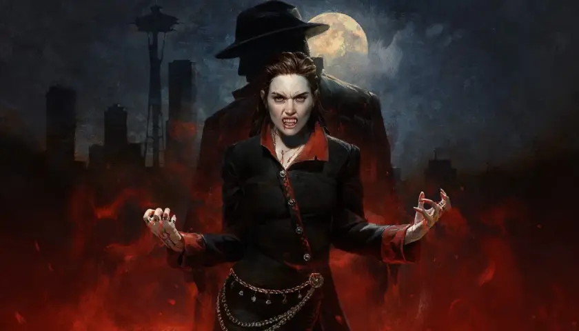Wampirzyca z kłami i krwią na ustach, w tle nocne miasto i cień mężczyzny w kapeluszu. Klimat Vampire the Masquerade.