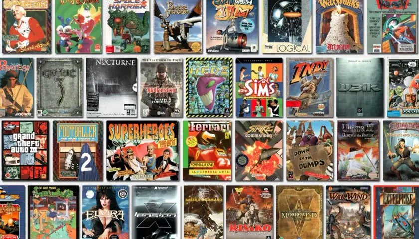 Kolekcja okładek **stare gry na PC lata 2005**, w tym Gothic 3, Nocturne, Wolfenstein, The Sims i wiele innych klasyków.