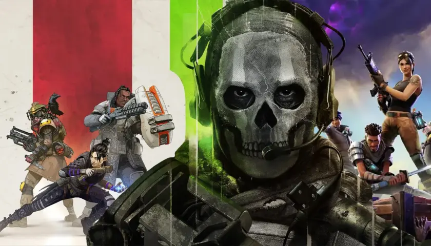 Postacie z gier Apex Legends, Call of Duty i Fortnite, gotowe do akcji w emocjonujących grach multiplayer.