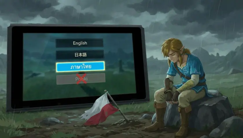 Smutny Link siedzi przy konsoli, na której widać wybór języków. Brak polskiej wersji językowej Zelda Breath of the Wild spolszczenie.