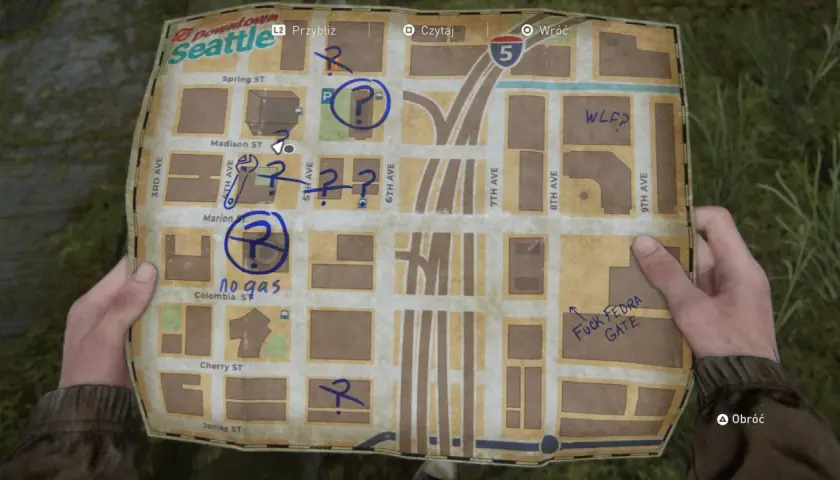 Mapa Seattle z zaznaczonymi miejscami i pytajnikami. Może zawierać wskazówki do sejfu w The Last of Us 2.