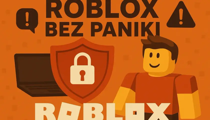 Roblox bez paniki! Dowiedz się, co to za gra, dzięki tej grafice z symbolem bezpieczeństwa i postacią z Roblox.