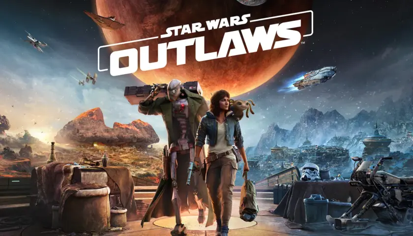 Postapokaliptyczny krajobraz z dwójką bohaterów i logo gry Star Wars Outlaws.