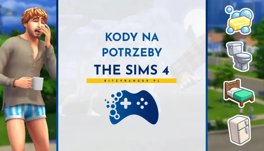 Kody do The Sims 4, by ułatwić życie Simom. Zmęczony Sim z kubkiem kawy i ikony potrzeb: higiena, sen, toaleta.