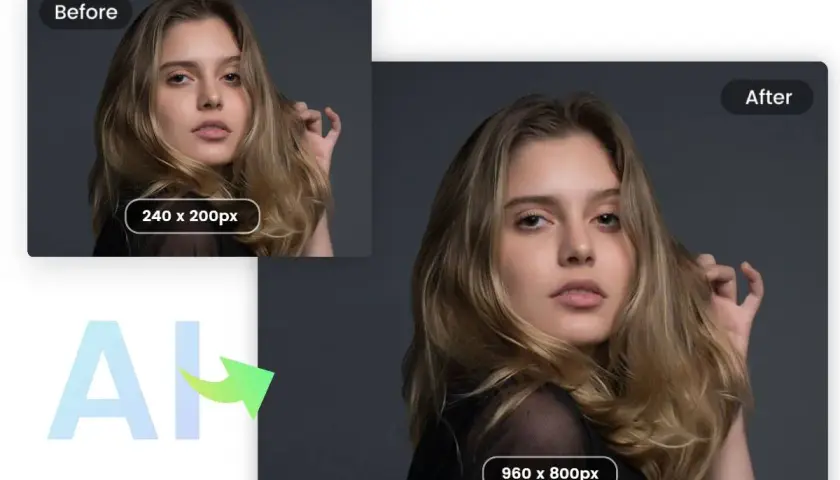 Portret kobiety przed i po ulepszeniu jakości obrazu. Upscaling AI poprawił rozdzielczość z 240x200px do 960x800px.