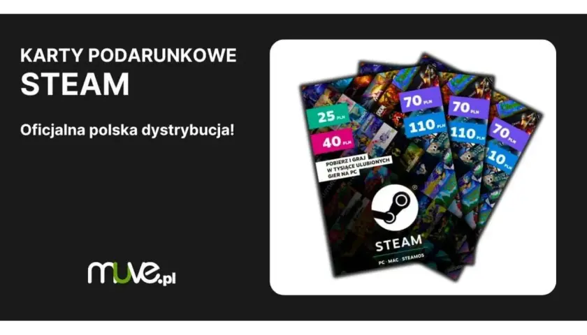 Karty podarunkowe Steam o różnych nominałach, logo Steam i muve.pl.
