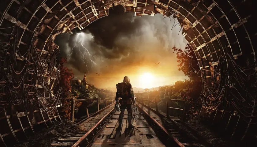 Postapokaliptyczny krajobraz z postacią na torach, burza i wschód słońca. Sprawdź metro exodus wymagania.