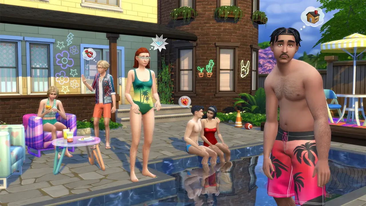 Letnia impreza w The Sims 4 za darmo! Simowie relaksują się przy basenie, jedzą i flirtują.