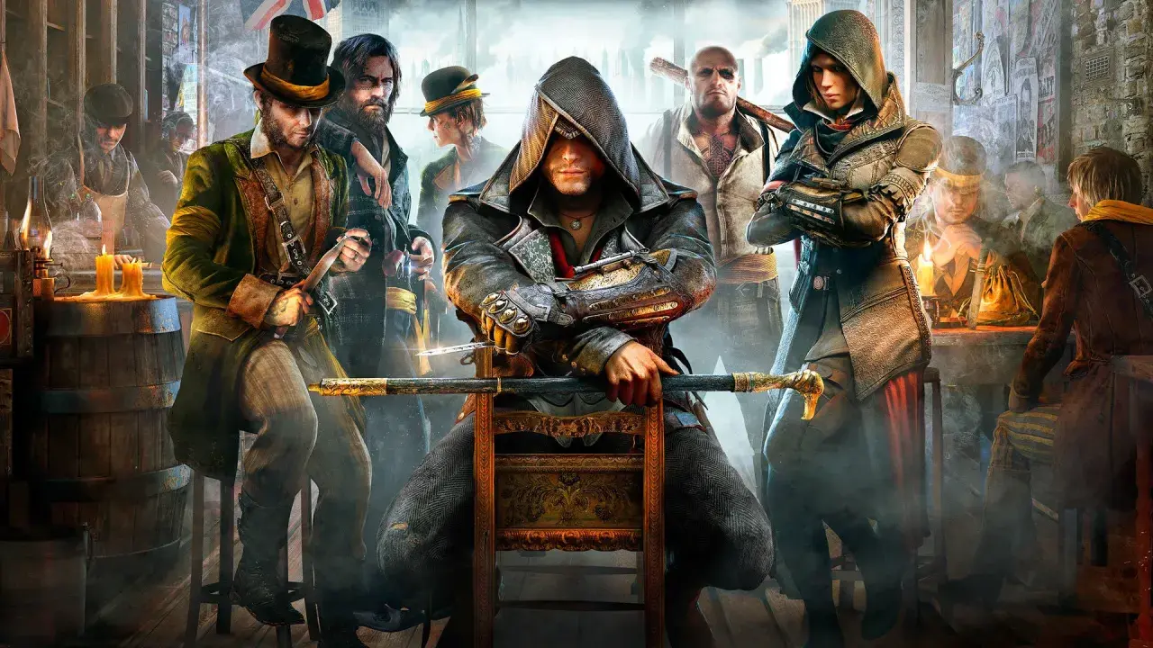 Postacie z Assassin's Creed Syndicate w wiktoriańskim pubie.