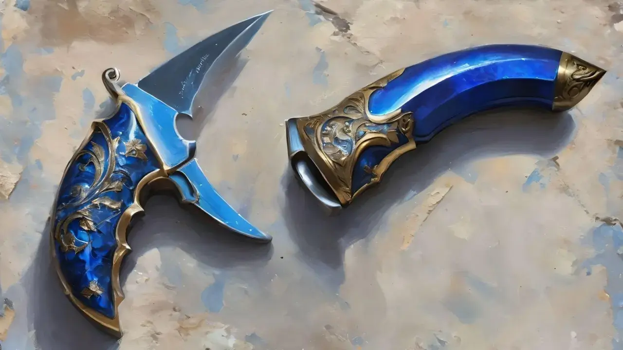 Karambit case hardened blue gem, ozdobiony złotymi ornamentami, lśni jak klejnot.
