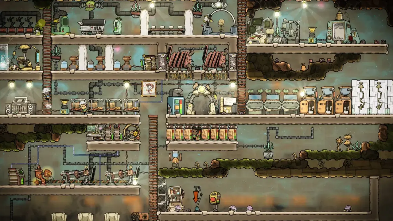 Kolonia w Oxygen Not Included, spolszczenie gry. Widać tu wielopoziomową bazę z rurami, maszynami i klonami.