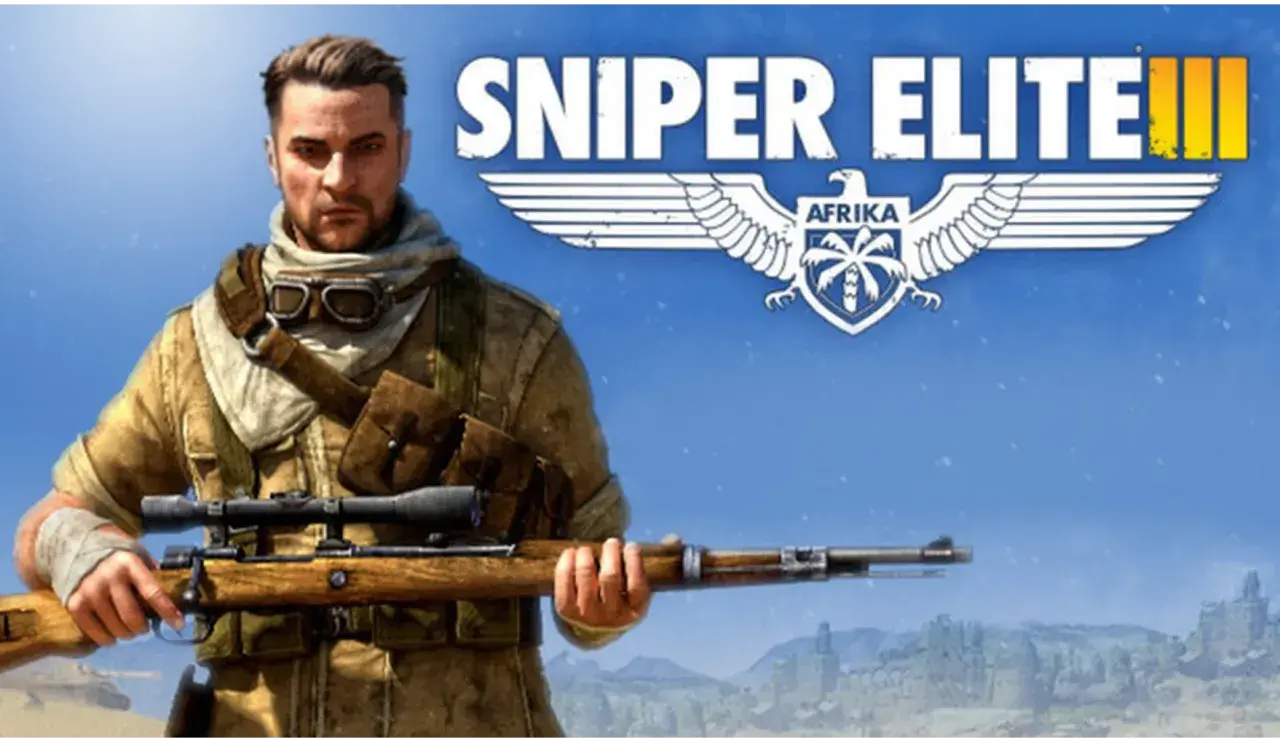 Żołnierz z karabinem na tle pustynnego krajobrazu i logo gry Sniper Elite III. Szukasz spolszczenie?