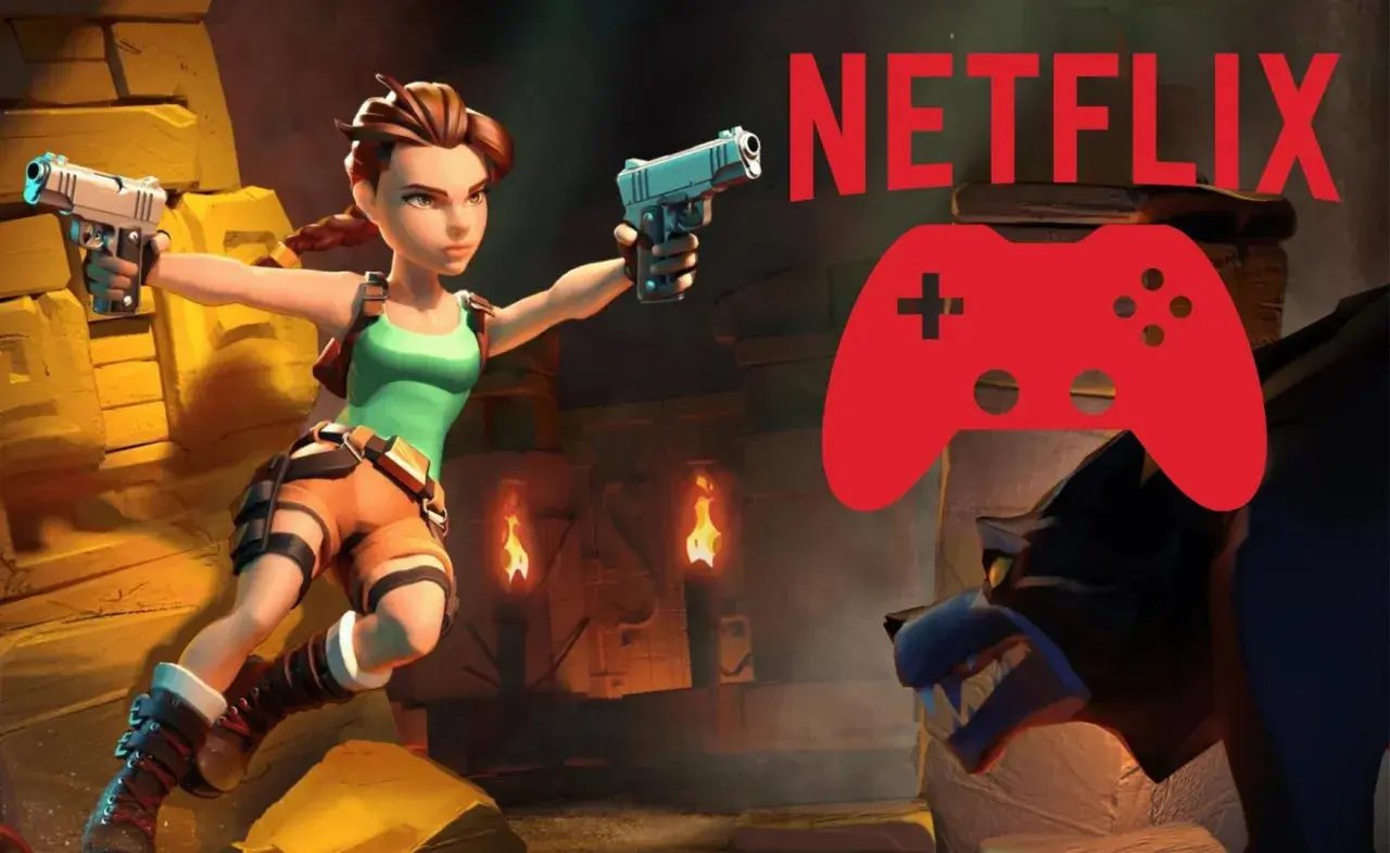 Lara Croft w akcji, gotowa na nowe przygody w grach na Netflix. Czerwony kontroler i logo Netflix zapowiadają emocje.