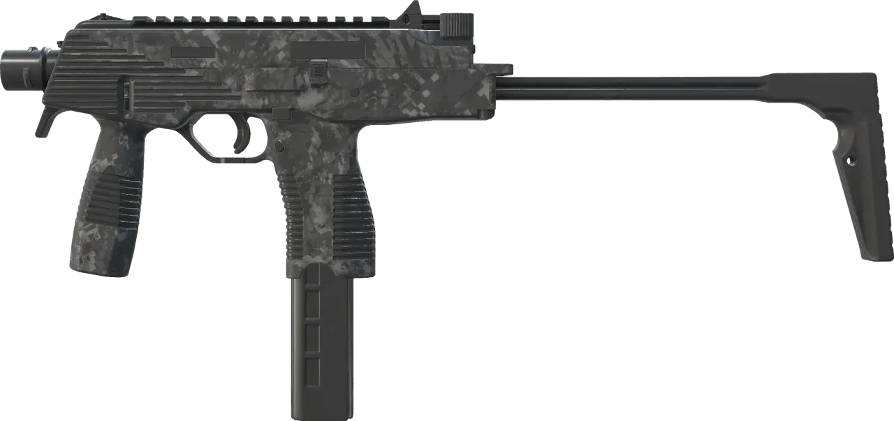 MP9 z cyfrowym kamuflażem, z magazynkiem i wysuwaną kolbą.