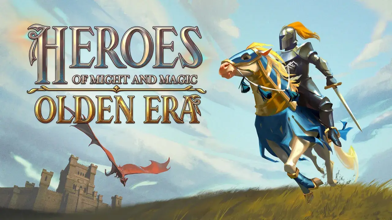 Rycerz na koniu, smok i zamek. Tytuł "Heroes of Might and Magic Olden Era" zapowiada epickie przygody bohaterów starej ery.