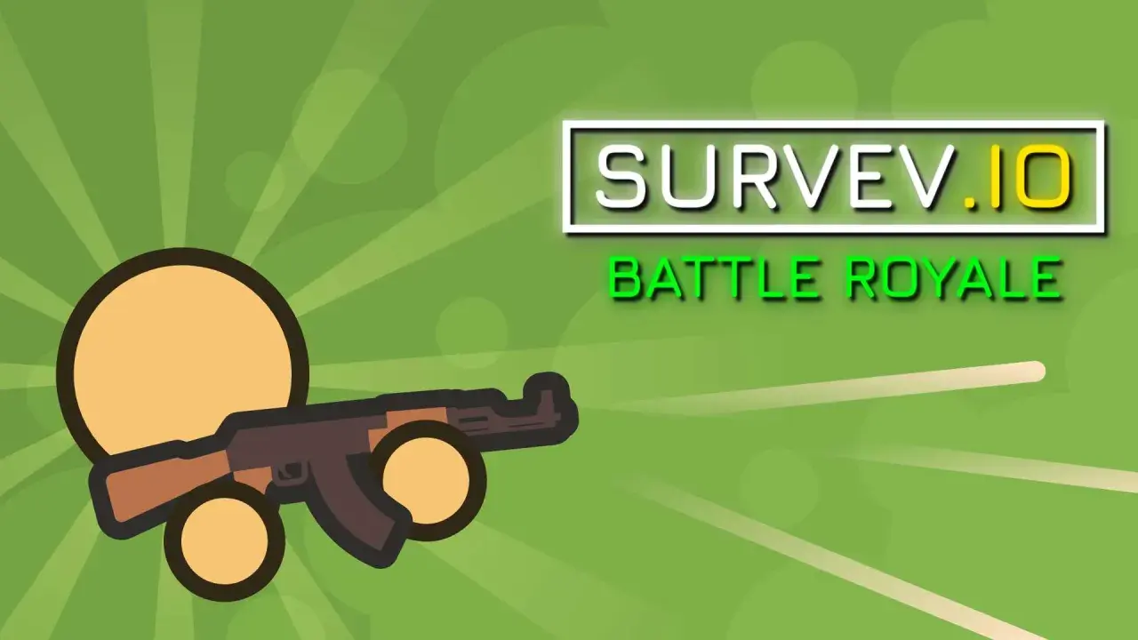 Postać z karabinem na tle logo gry surviv.io.