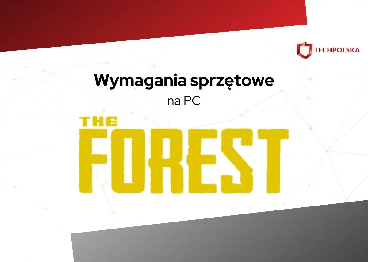 Wymagania sprzętowe gry The Forest na PC. Logo gry z żółtym napisem "THE FOREST" na białym tle.