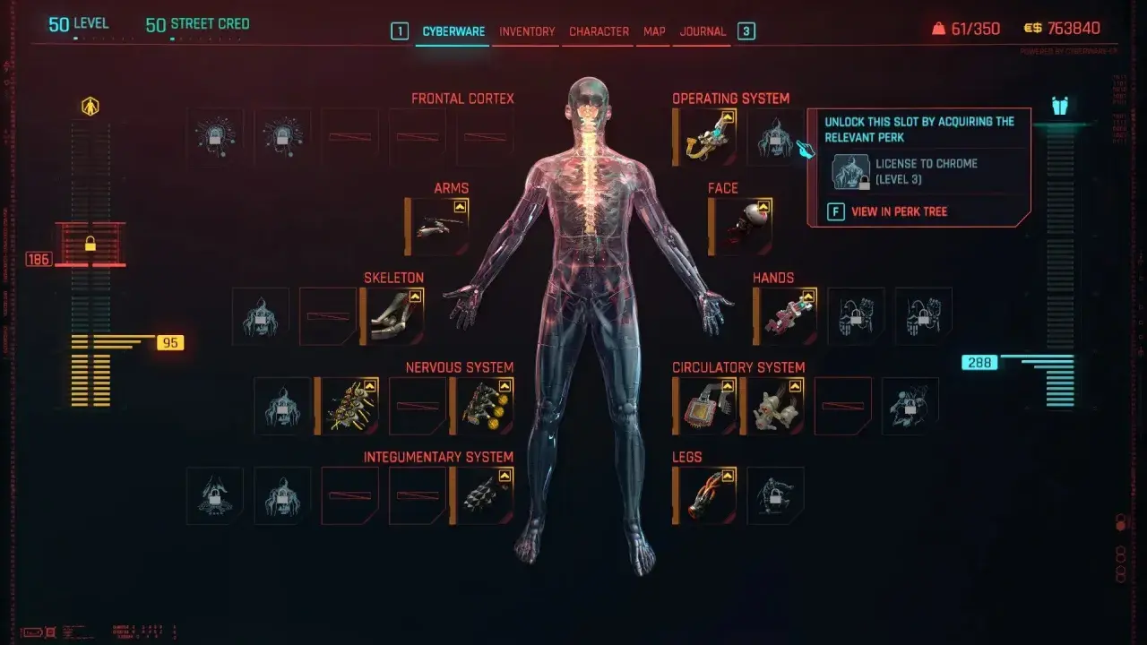 Interfejs Cyberware w grze, pokazujący możliwości ulepszeń postaci. Modyfikacje w Cyberpunk 2077 pozwalają na rozbudowę ciała.