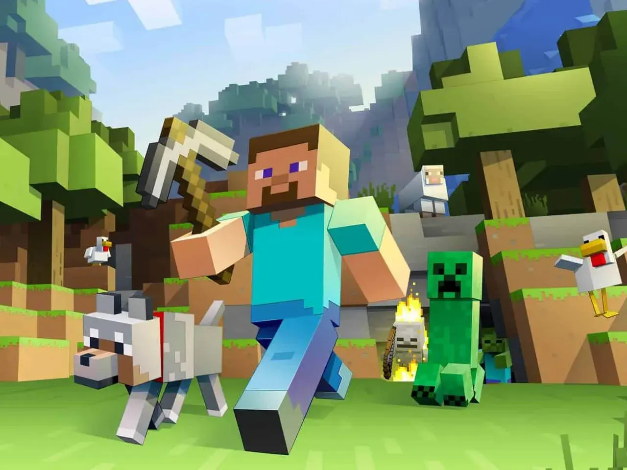 Steve z kilofem, wilk, owca, kurczaki, creeper i zombie w świecie Minecraft. Dowiedz się, jak zainstalować mody do Minecraft, by urozmaicić rozgrywkę.